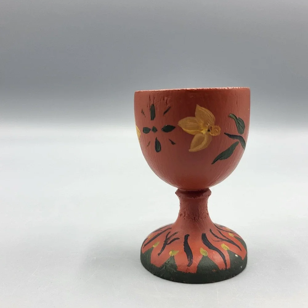 Vintage Wooden Hand Painted Egg Cup Red Floral Design Kitchen Art Folk Decor 2